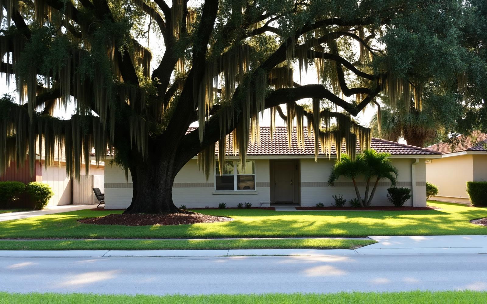 Florida single-story home with mature live oak and St. Augustine grass yard